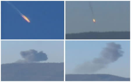 A combination picture taken from video shows a war plane crashing in flames in a mountainous area in northern Syria after it was shot down by Turkish fighter jets near the Turkish-Syrian border November 24, 2015. REUTERS/Reuters TV/Haberturk TV