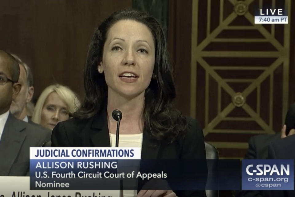 In this image from video provided by C-SPAN, Allison Jones Rushing speaks during her confirmation hearing before the Senate Judiciary Committee to be a judge on the U.S. Fourth Circuit Court of Appeals on Capitol Hill in Washington, on March 21, 2019. (C-SPAN via ap)