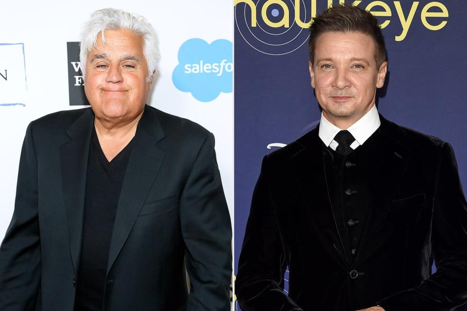 WASHINGTON, DC - APRIL 27: Comedian and host Jay Leno arrives at the 26th Annual White House Correspondents' Weekend Garden Brunch at the Beall-Washington House on April 27, 2019 in Washington, DC. (Photo by Paul Morigi/Getty Images); LOS ANGELES, CALIFORNIA - NOVEMBER 17: Jeremy Renner attends Marvel Studios' Los Angeles Premiere of "Hawkeye" at El Capitan Theatre on November 17, 2021 in Los Angeles, California. (Photo by Axelle/Bauer-Griffin/FilmMagic)