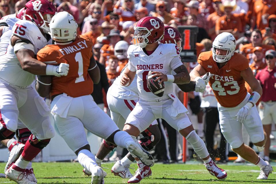 Dillon Gabriel looks for an open receiver in Oklahoma's 2023 win over Texas. Gabriel is now the quarterback at Oregon, which will face Ohio State on Saturday in one of the best matchups in the country.