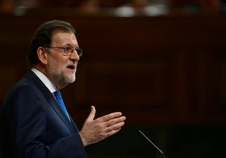 Spanish interim Prime Minister, Mariano Rajoy speaks in the Spanish Congress (Las Cortes) on August 30, 2016, in Madrid during a parliamentary investiture debate to vote through a prime minister and allow the country to finally have a government