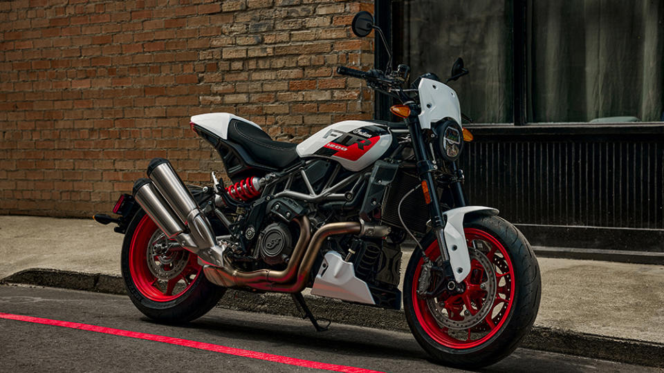 The 2023 Indian FTR Sport naked bike dressed in White Lightning with Indy Red.