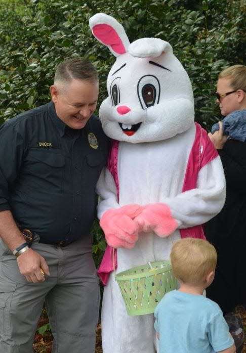 FILE - Watkinsville Police Chief Shannon Brock, shown at a recent community Easter event, is resigning due to health issues.