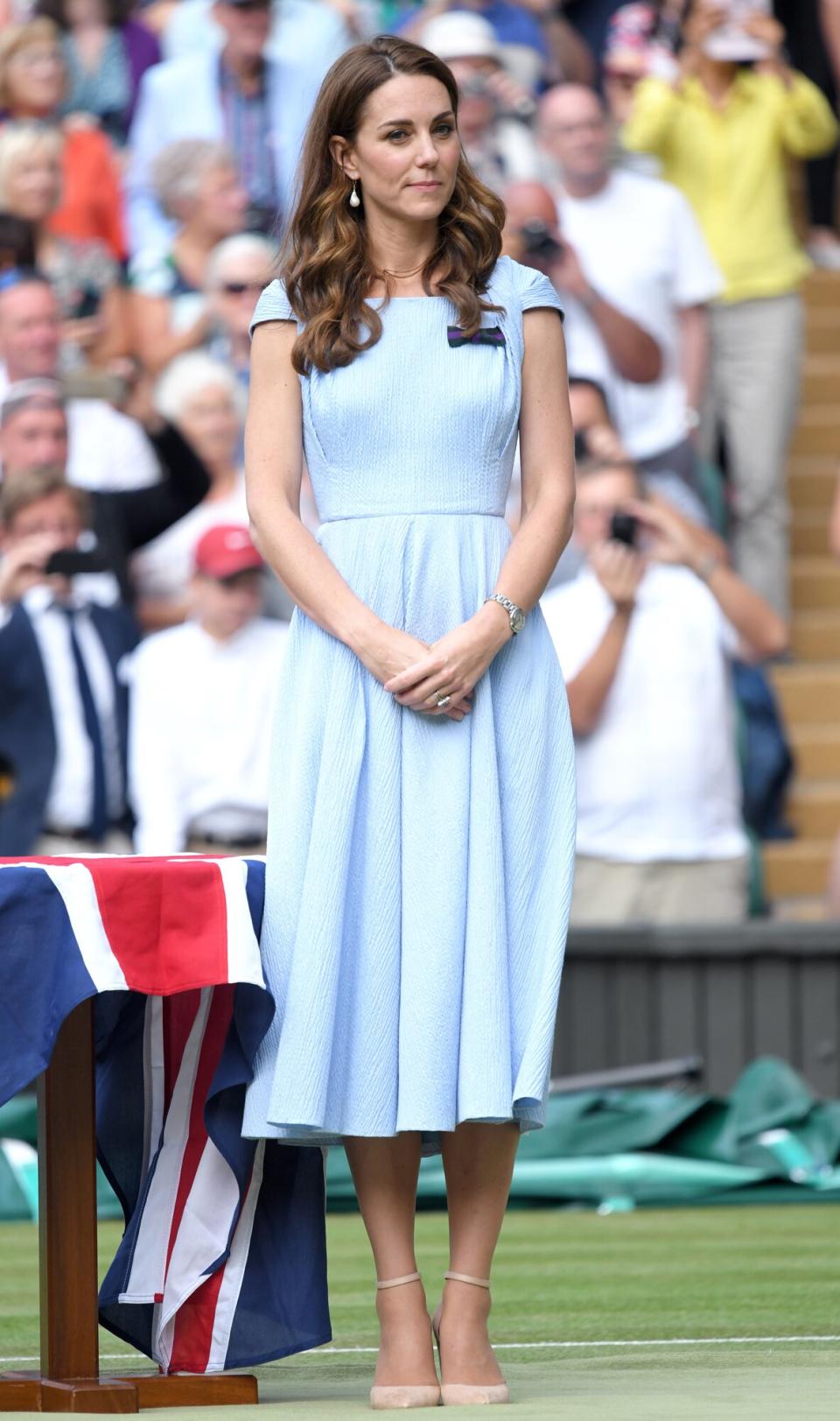 Catherine, Duchess of Cambridge on Centre court during Men's Finals Day of the Wimbledon Tennis Championships at All England Lawn Tennis and Croquet Club on July 14, 2019 in London, England