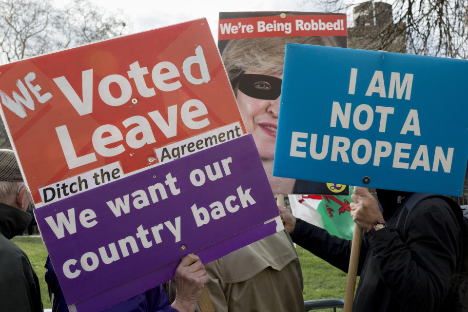 On the day that MPs in Parliament vote on a possible delay on Article 50 on EU Brexit negotiations by Prime Minister Theresa May, UKIP Leavers protest on College Green, on 14th March 2019, in Westminster, London, England. (Photo by Richard Baker / In Pictures via Getty Images)