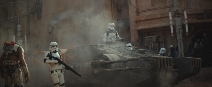 Rogue One Star Wars Stormtroopers patrolling the dust-covered planet of Jedha in Rogue One (Lucasfilm/Disney)