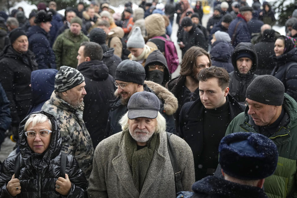 Supporters Igor Girkin also know as Igor Strelkov, the former military chief for Russia-backed separatists in eastern Ukraine, gather outside the Moscow's City Court in Moscow, Russia,Thursday, Jan. 25, 2024. (AP Photo/Alexander Zemlianichenko)