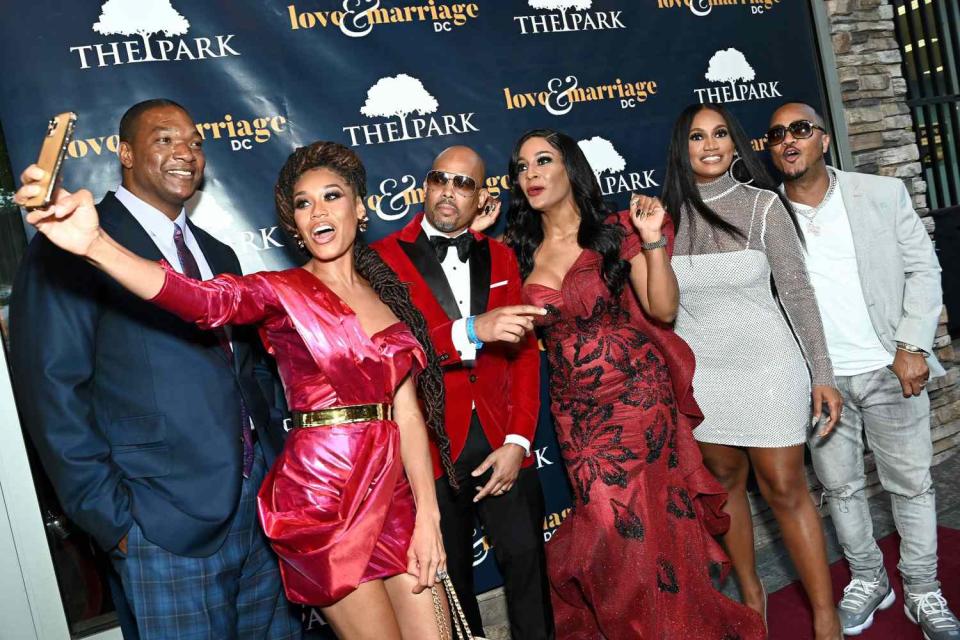 WASHINGTON, DC - MAY 13: (L-R) Cast members Chris Samuels, Monique Samuels, Jamie Tyler, Erana Tyler, Ashley Silva and D.J. Quicksilva attend the "Love & Marriage: DC" screening at The Park At 14th on May 13, 2022 in Washington, DC. (Photo by Shannon Finney/Getty Images)