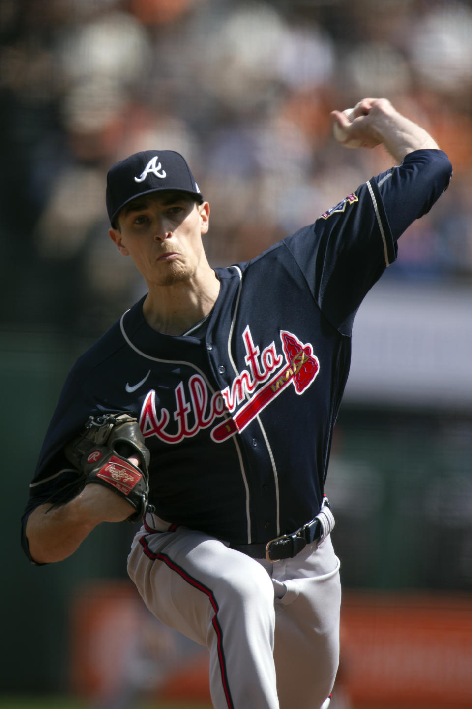 Atlanta Braves starting pitcher Max Fried delivers against the San Francisco Giants during the first inning of a baseball game, Sunday, Sept. 19, 2021, in San Francisco. (AP Photo/D. Ross Cameron)