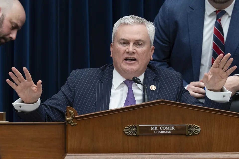 FILE - House Oversight and Accountability Committee Chair Rep. James Comer R-Ky., speaks, Jan. 10, 2024, on Capitol Hill in Washington. Bipartisan legislation introduced in the House would require presidents and vice presidents to publicly disclose tax returns before, during and after their time in the White House. The proposal — led by the unusual pairing of Republican Rep. James Comer and progressive Democratic Rep. Katie Porter — is the latest effort to deliver congressional oversight over presidential ethics as both parties grapple with ongoing congressional probes into their leading candidates for president. (AP Photo/Jose Luis Magana, File)