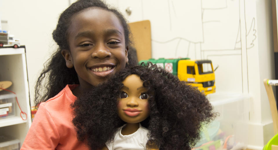 Young girls of color get excited about Healthy Roots Dolls, which look like them. (Photo: Courtesy of Yelitsa Jean-Charles)