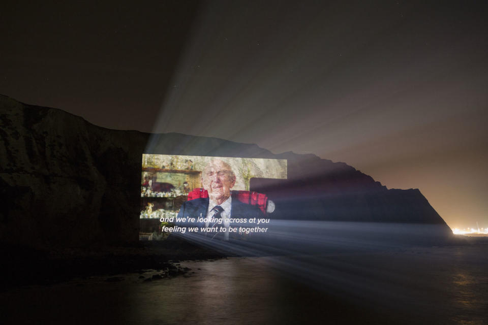 Handout photo issued by Led By Donkeys of ex World War Two veteran Sid talking about the prospect of Brexit being projected onto the side of the White Cliffs of Dover. PA Photo. Picture date: Friday January 31, 2020. It comes ahead of the UK leaving the European Union at 11pm on Friday. See PA story POLITICS Brexit Cliffs. Photo credit should read: Led By Donkeys/PA Wire  NOTE TO EDITORS: This handout photo may only be used in for editorial reporting purposes for the contemporaneous illustration of events, things or the people in the image or facts mentioned in the caption. Reuse of the picture may require further permission from the copyright holder.