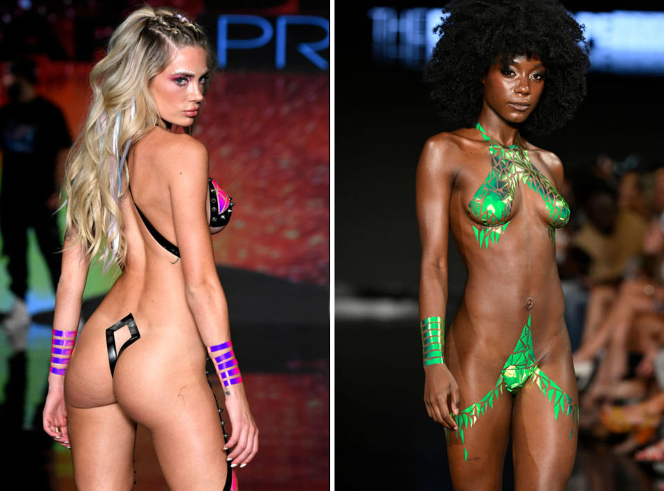 L: Model in Black Tape Project bikini with tape covering her wrists and part of her bottom. R: Model covered in green body tape