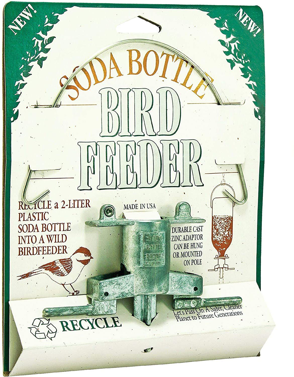 Soda bottle bird feeder packaged in beige and green cardboard