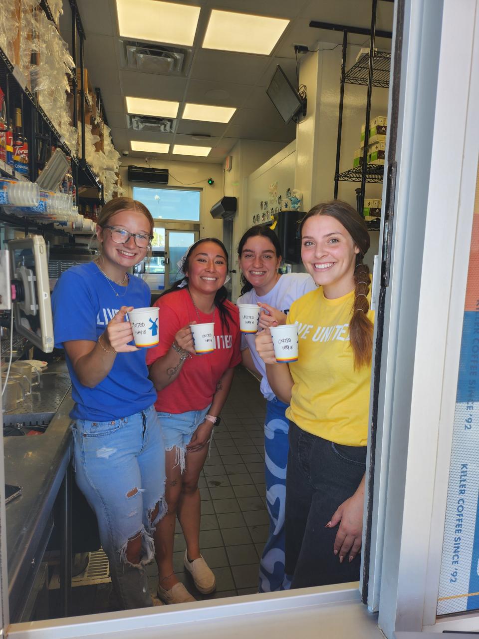 Dutch Bros employees collect donations benefitting United Way of Amarillo and Canyon Friday morning at the Dutch Bros Coulter Interstate location.