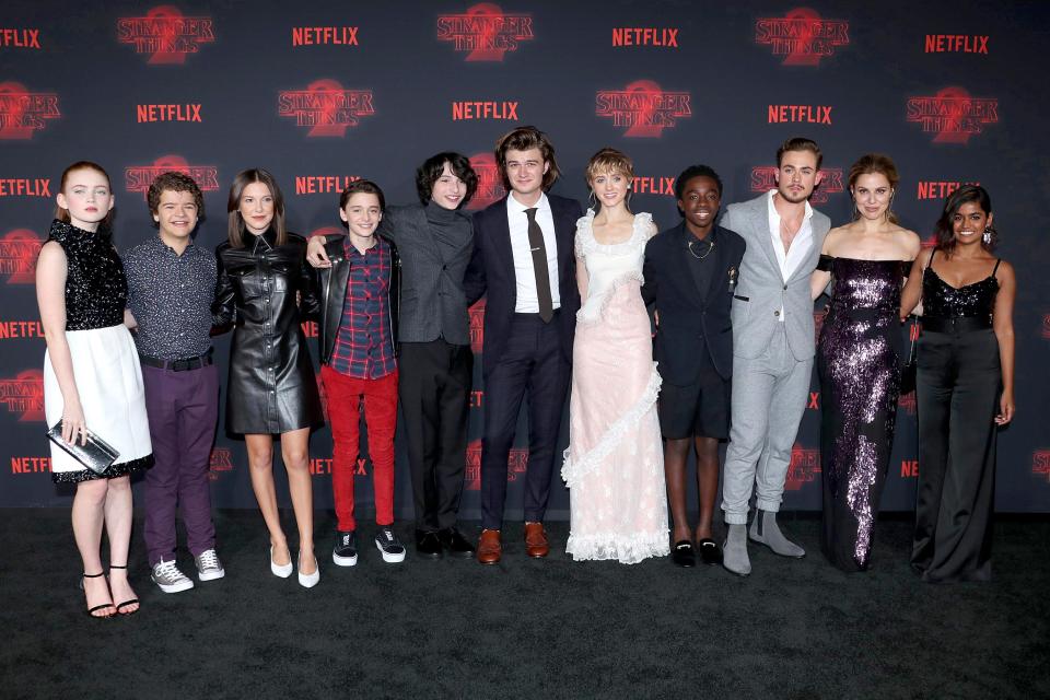 Sadie Sink, Gaten Matarazzo, Millie Bobby Brown, Noah Schnapp, Finn Wolfhard, Joe Keery, Natalia Dyer, Caleb McLaughlin, Dacre Montgomery, Cara Buono, and Linnea Berthelsen