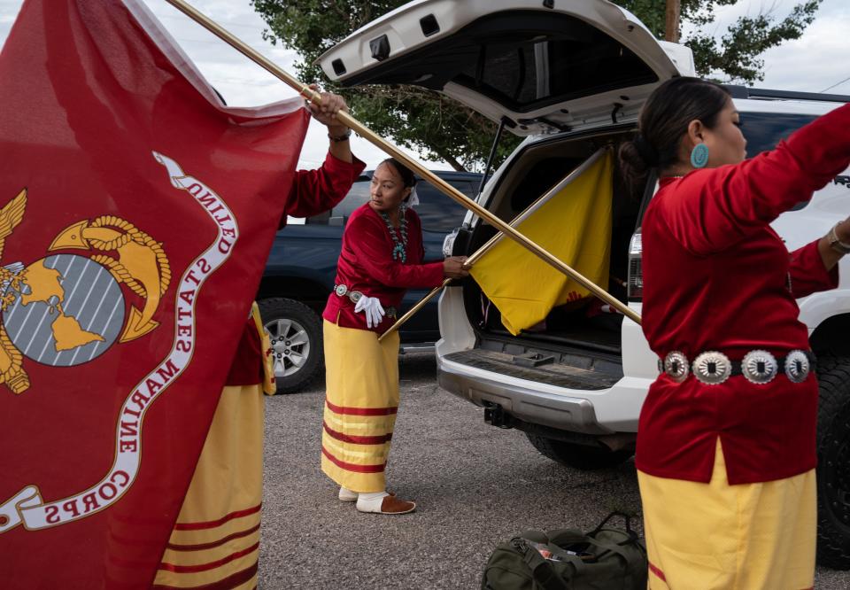 The Honoring Women Warriors Color Guard gets ready for the start of the Navajo Nation Code Talkers Day parade on Aug. 14, 2023, in Window Rock.