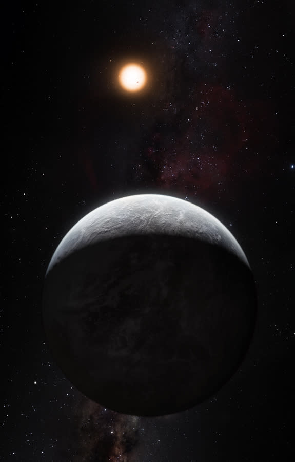 This artist’s impression shows the planet HD 85512b orbiting the Sun-like star HD 85512 about 35 light-years from Earth. This planet is about 3.6 times as massive as the Earth is at the edge of the habitable zone around the star, where liquid w