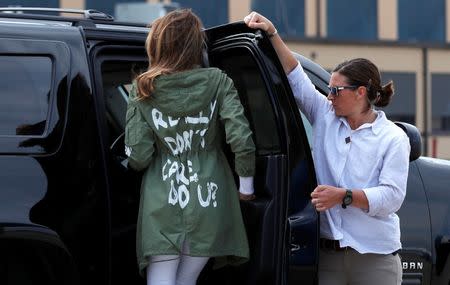 U.S. first lady Melania Trump walks from her to her motorcade wearing a Zara design jacket with the phrase "I Really Don't Care. Do U?" on the back as she returns to Washington from a visit to the U.S.-Mexico border area in Texas, at Joint Base Andrews, Maryland, U.S., June 21, 2018. REUTERS/Kevin Lamarque