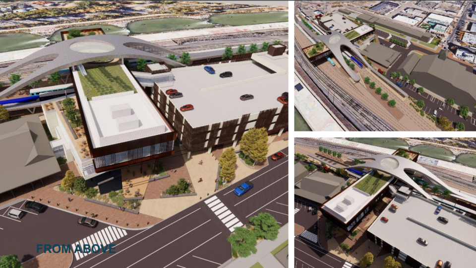 Renderings for the exterior of a potential train station in downtown Pueblo.