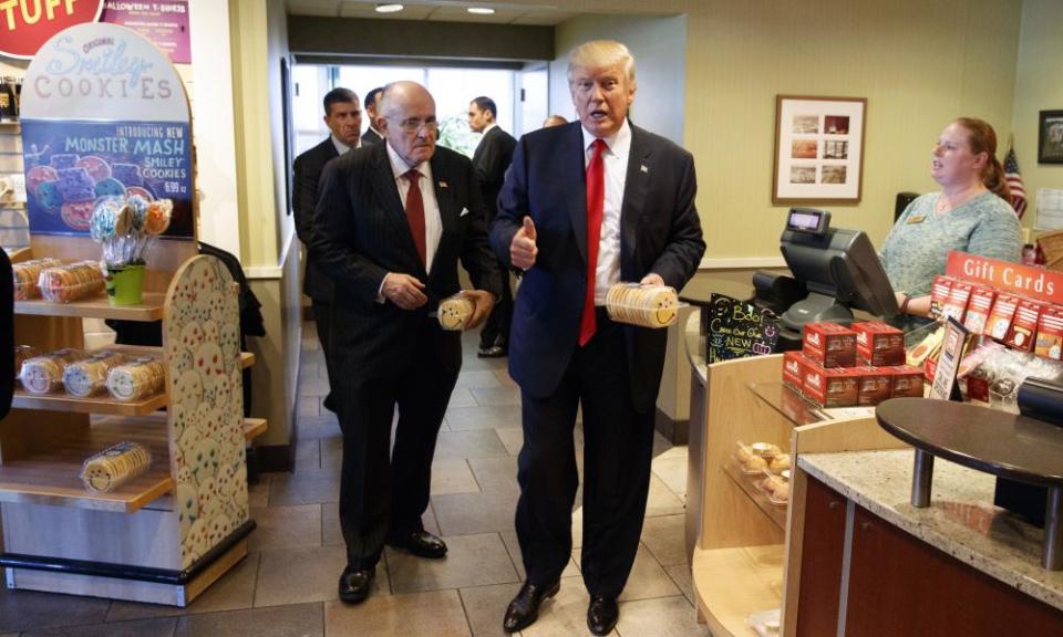 Donald Trump and Rudy Giuliani buy cookies in a Pennsylvania restaurant in October 2016