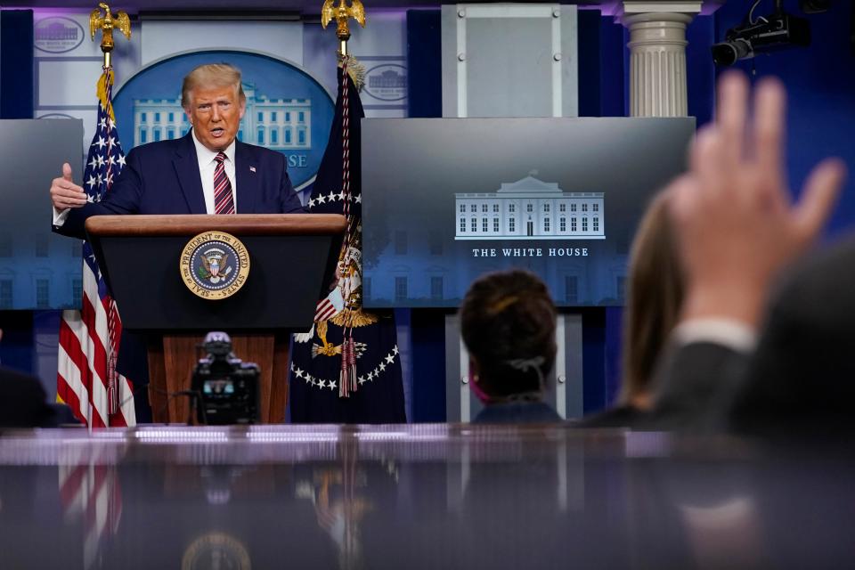 President Trump answers questions during a Sunday press conference at the White House. (Copyright 2020 The Associated Press. All rights reserved)