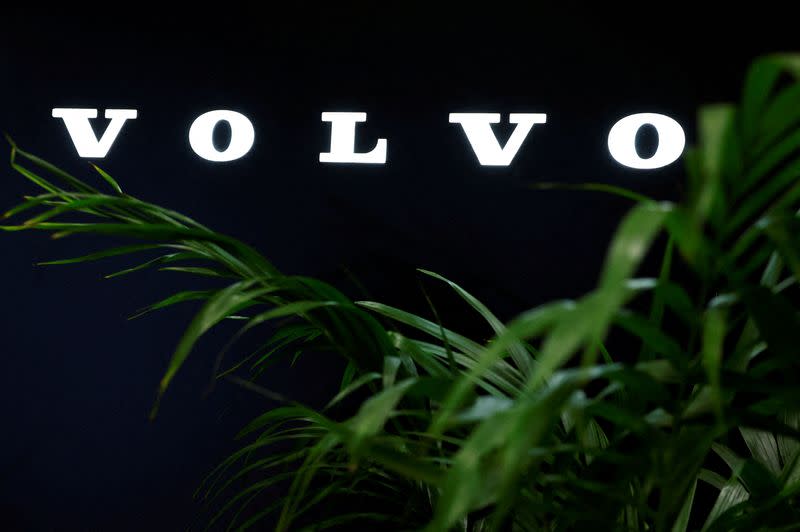 FILE PHOTO: The logo of Volvo on display at the Everything Electric exhibition