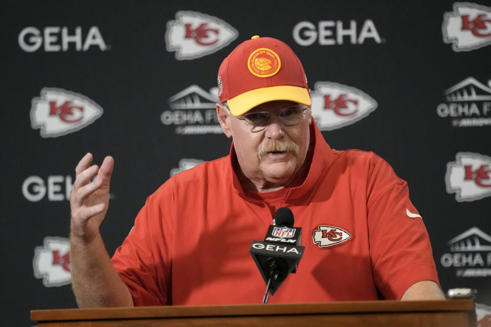 Kansas City Chiefs head coach Andy Reid speaks during a news conference following an NFL football game against the Chicago Bears Sunday, Sept. 24, 2023, in Kansas City, Mo. The Chiefs won 41-10. (AP Photo/Charlie Riedel)