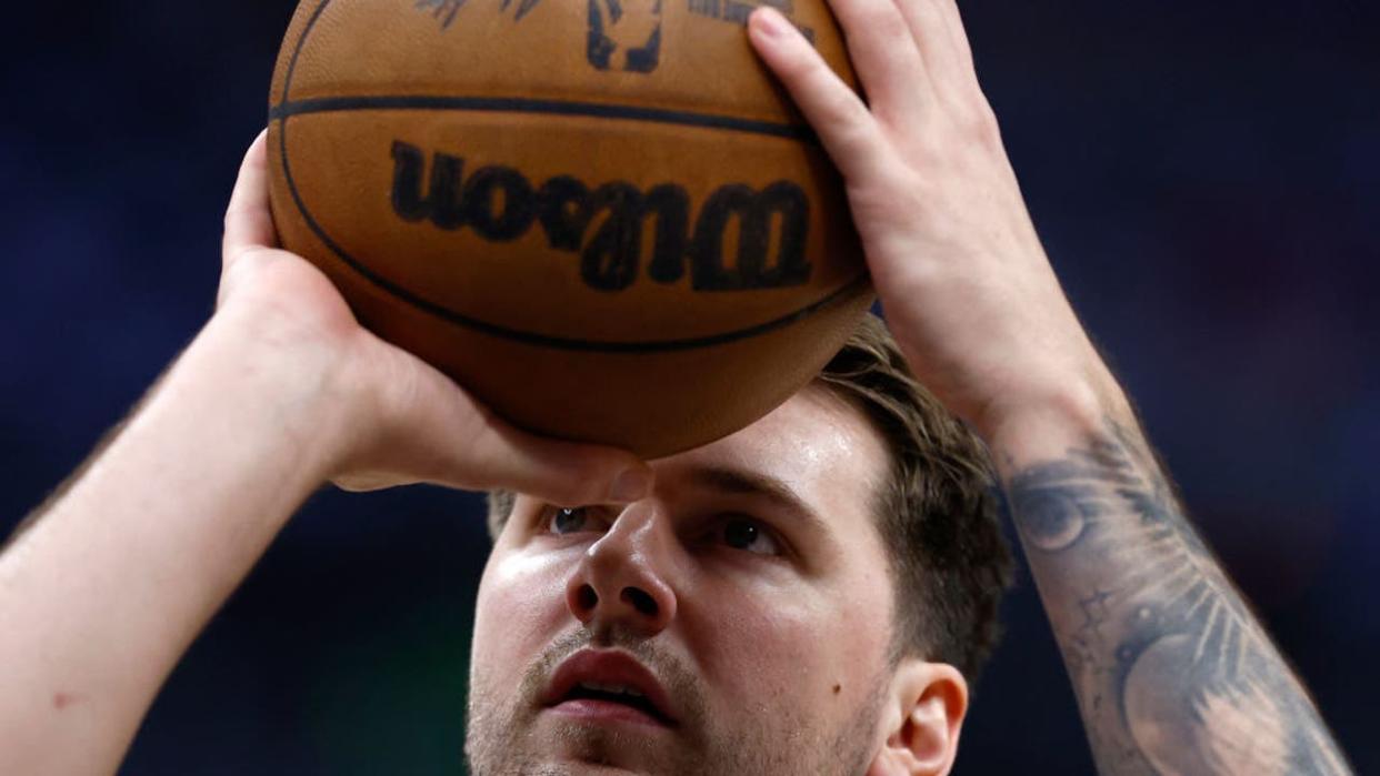 <div>LOS ANGELES, CALIFORNIA - APRIL 21: Luka Doncic #77 of the Dallas Mavericks warms up before game one of the Western Conference First Round Playoffs at Crypto.com Arena on April 21, 2024 in Los Angeles, California. (Photo by Ronald Martinez/Getty Images)</div>