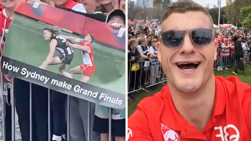 Tom Papley (pictured right) laughing during the AFL grand final parade and (pictured left) a fan's poster.