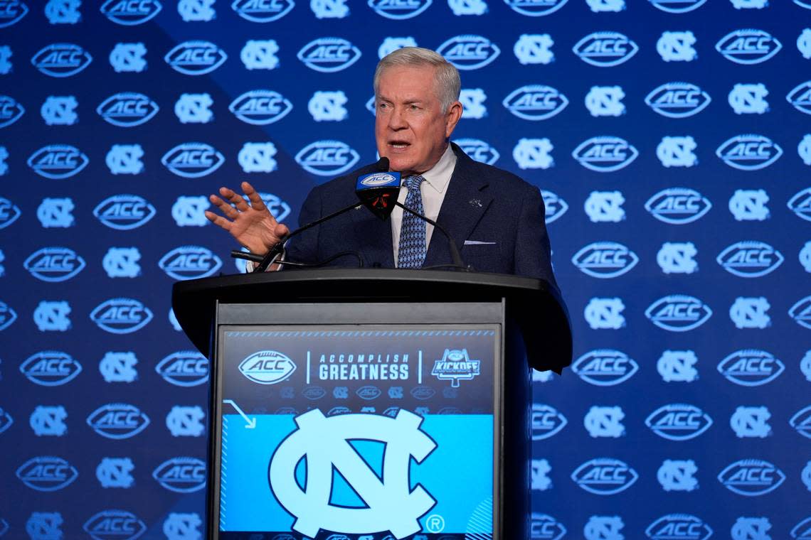 Jul 25, 2024; Charlotte, NC, USA; UNC Tar Heels head coach Mack Brown speaks to the media during the ACC Kickoff at Hilton Charlotte Uptown. Mandatory Credit: Jim Dedmon-USA TODAY Sports