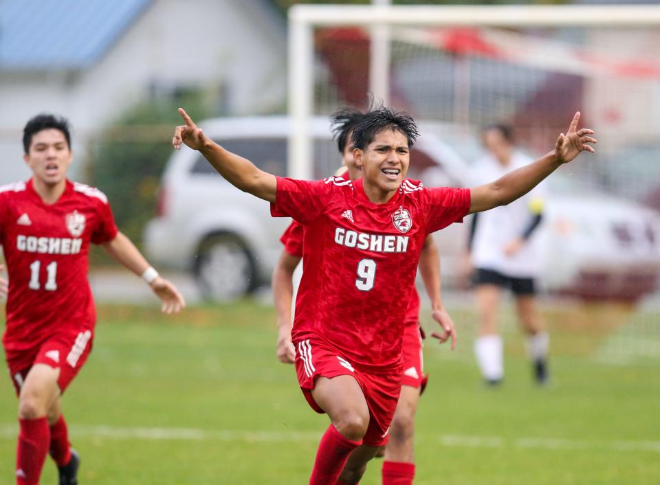 Goshen’s Josh Cruz (9) celebrates after one of his four goals  during Wednesday night’s regional game against Penn at Goshen.