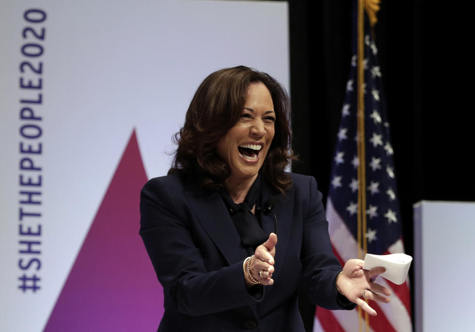 Democratic presidential candidate Sen. Kamala Harris, D-Calif., greets the audience before taking questions during a presidential forum held by She The People on the Texas State University campus Wednesday, April 24, 2019, in Houston. (AP Photo/Michael Wyke)