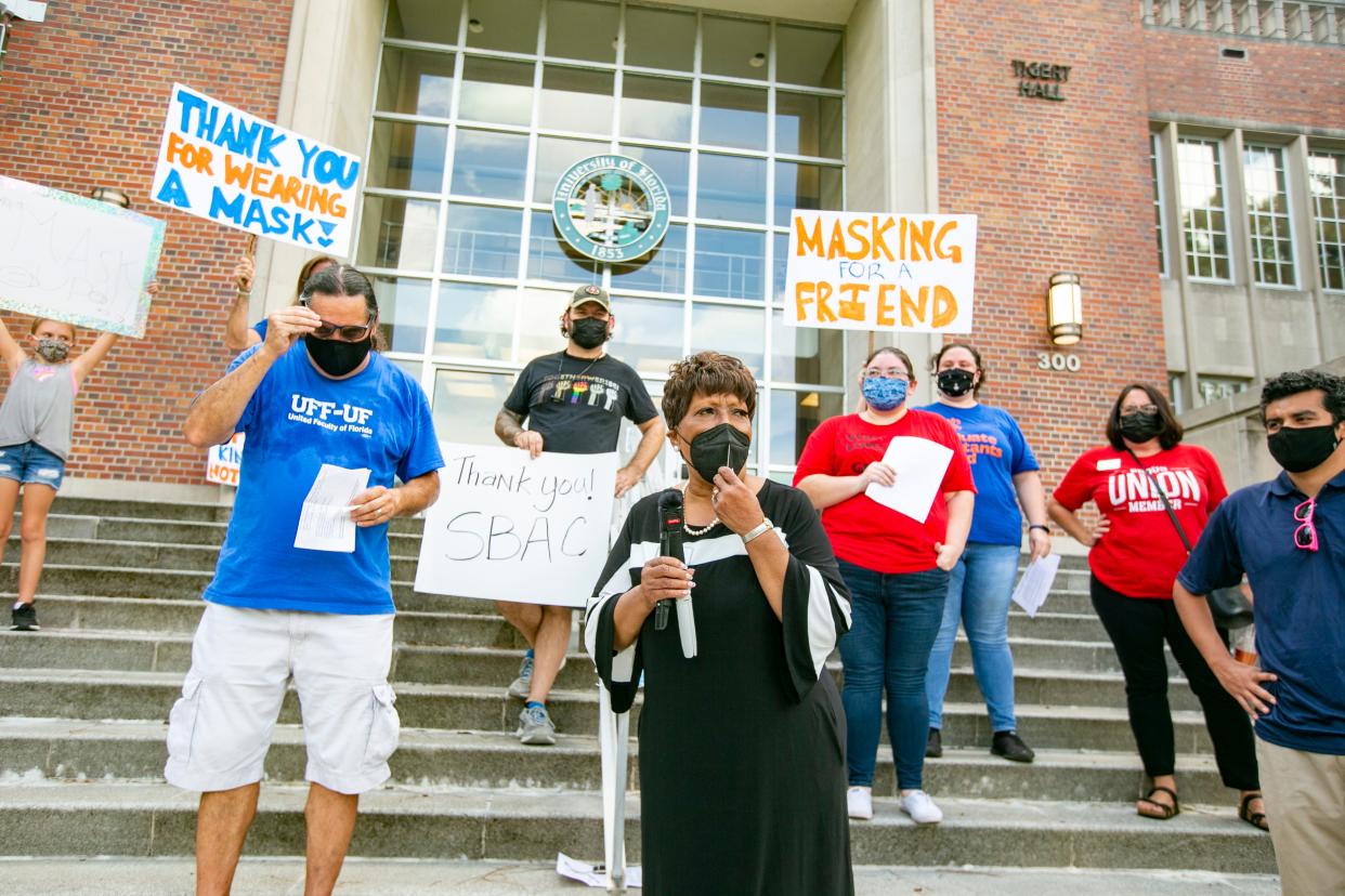 Leanetta McNealy, from the Alachua County School Board, speaks to the need for masks in school and her defiance of Florida Gov. DeSantis' ban on mask mandates in public schools on Friday August 20, 2021.