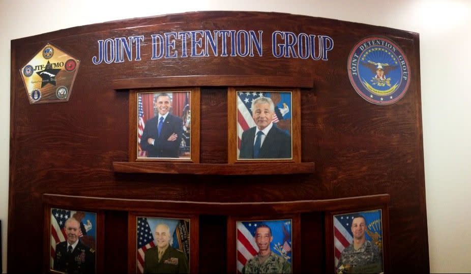 President Barack Obama and Secretary of Defense Chuck Hagel pictured at the headquarters of Joint Task Force Guantanamo's Joint Detention Group headquarters.