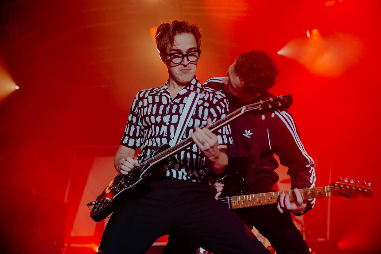 BATH, ENGLAND - AUGUST 07: Tom Fletcher and Danny Jones of Mcfly perform on stage at The Bath Festival Finale at Recreation Ground on August 07, 2021 in Bath, England. (Photo by Mike Lewis Photography/Redferns)