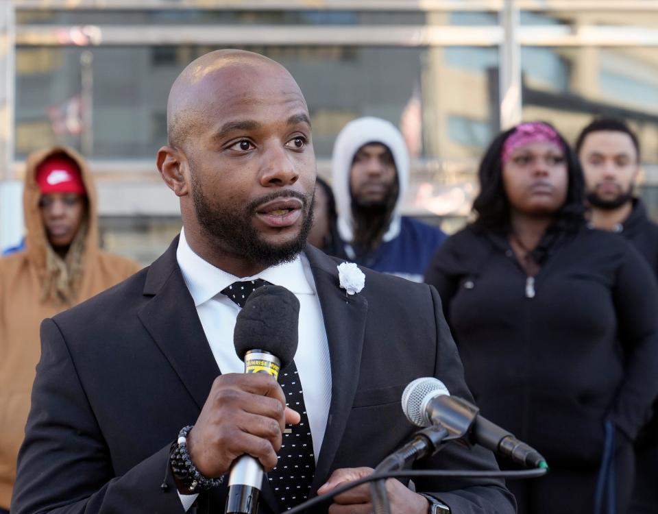Attorney Sean Walton speaks Monday during a press conference outside police headquarters addressing the Feb. 5 shooting of Michael Cleveland, 66, by Columbus police.