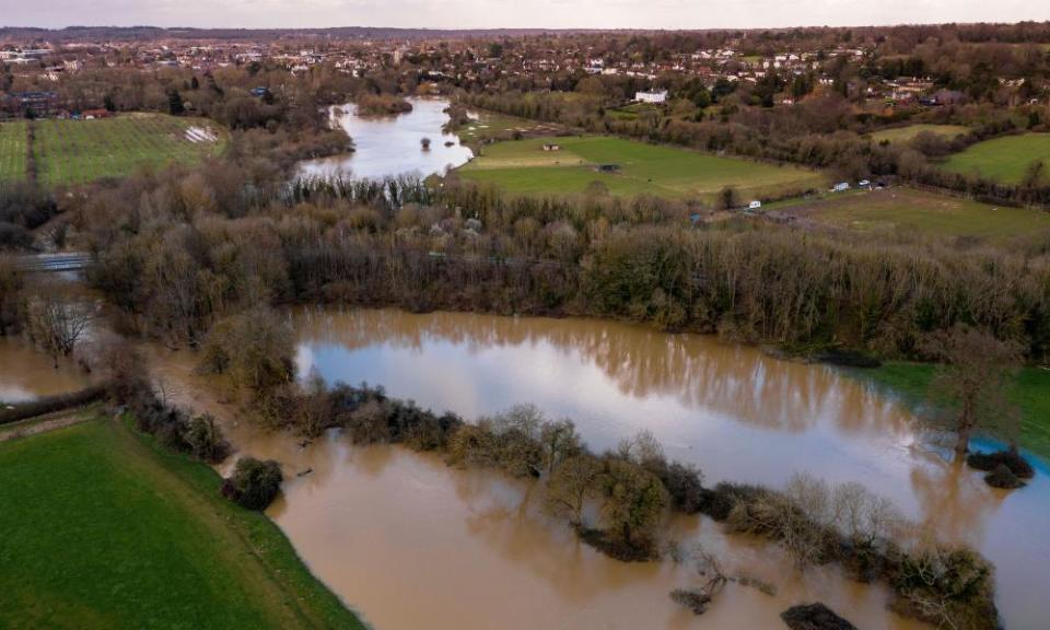 Aerial view of the flooded River Mole in Leatherhead, Surrey, after days of heavy rain from Storm Dennis.