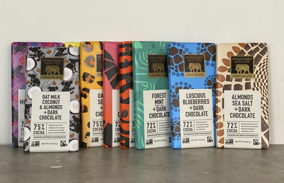 A variety of chocolate candy bars from Endangered Species appears in New York, (Katie Workman via AP)