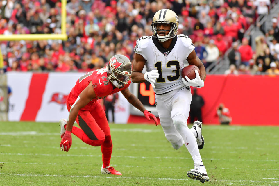 Can't guard Mike: New Orleans receiver Michael Thomas has 94 catches through the first 10 games of this season. (Julio Aguilar/Getty Images)