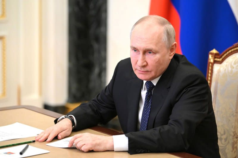 Russian President Vladimir Putin attends an emergency meeting on Crimean Bridge attack via a video conference at the Kremlin on July 17 in Moscow. Photo courtesy of Kremlin Pool/UPI