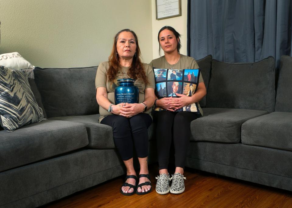 Annetta Russell, the mother of Kasey Russell, left, and Taylor Russell, his younger sister, are pictured Wednesday.