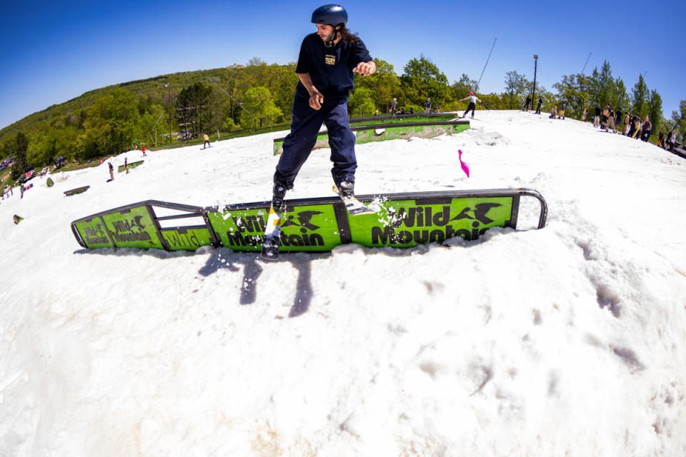 <em>A skier showing off both the heat and his skiing at last year's rail jam. Photo: Stephan Jende/Wild Mountain</em>