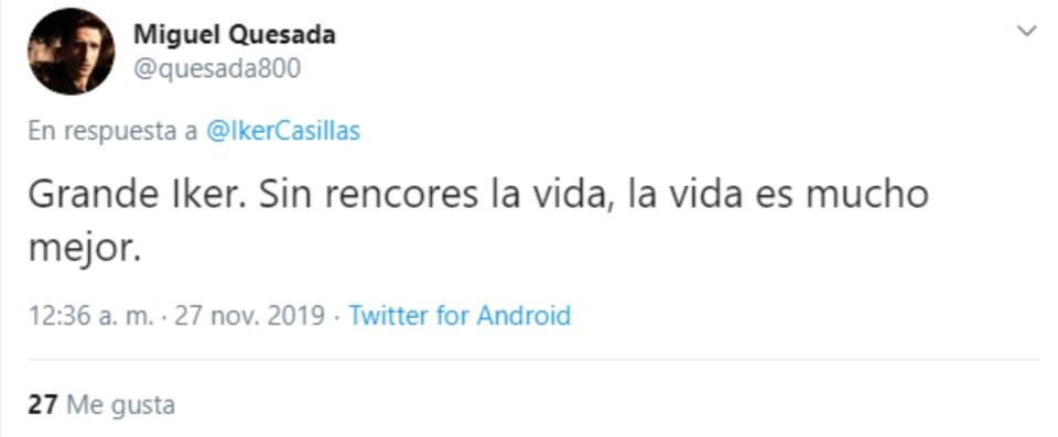 “Sin rencores la vida es mucho mejor”, le decía este usuario. (Foto: Twitter / <a href="http://twitter.com/quesada800/status/1199472096872730637" rel="nofollow noopener" target="_blank" data-ylk="slk:@quesada800;elm:context_link;itc:0;sec:content-canvas" class="link ">@quesada800</a>).