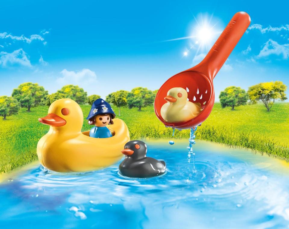 <p><strong>PLAYMOBIL</strong></p><p>walmart.com</p><p><strong>$9.99</strong></p><p>Kids love playing in the water, even when it's not bath time. This Playmobil set comes with <strong>two duck figures and a duck boat with rider that all really float</strong>, and a scooper, so your toddler can practice their coordination while trying to spoon them up. <em>Ages 18 months+</em></p>