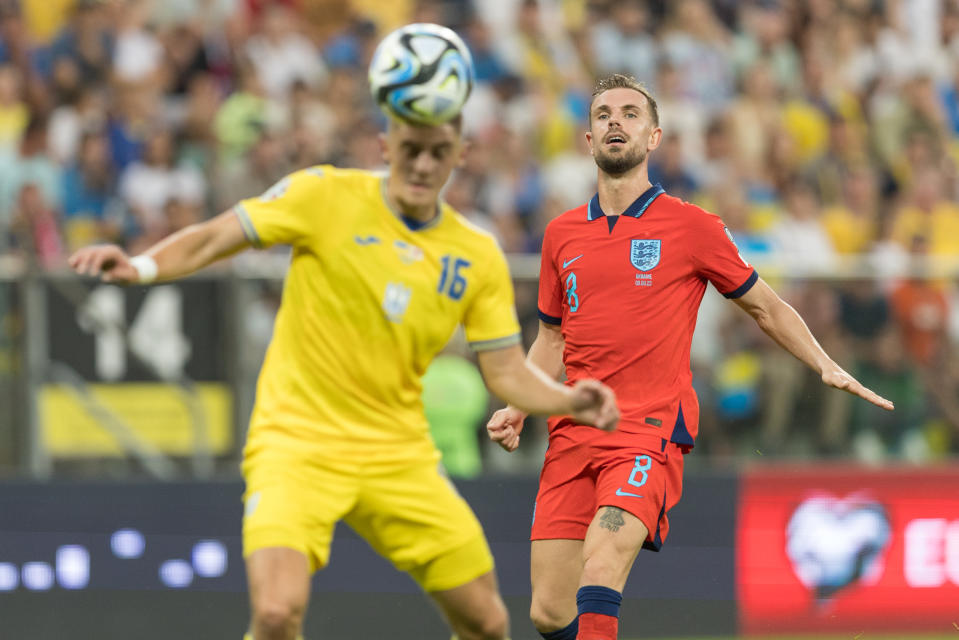 England midfielder Jordan Henderson (right) against Ukraine during their Euro 2024 qualifying match in Poland. 