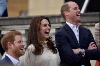 <p>It's no secret that Buckingham Palace is the perfect place for a tea party (complete with crumpets), but it appears this event for children wasn't <em>all</em> prim and proper. William, Kate, and Harry look so joyful in this photo, you can almost hear them laughing. <br></p>