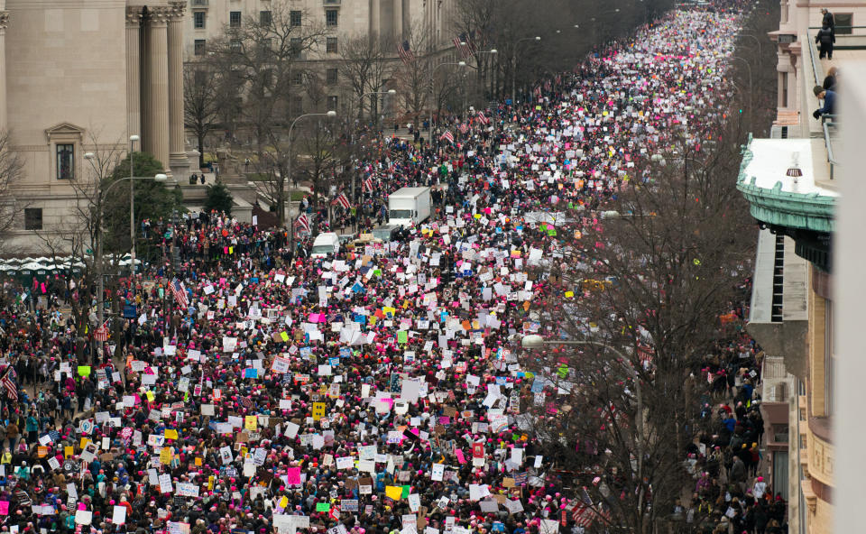 A view of demonstrators marching on Pennsylvania Avenue during the Women's March on Washington on January 21, 2017 in Washington, DC.&nbsp;