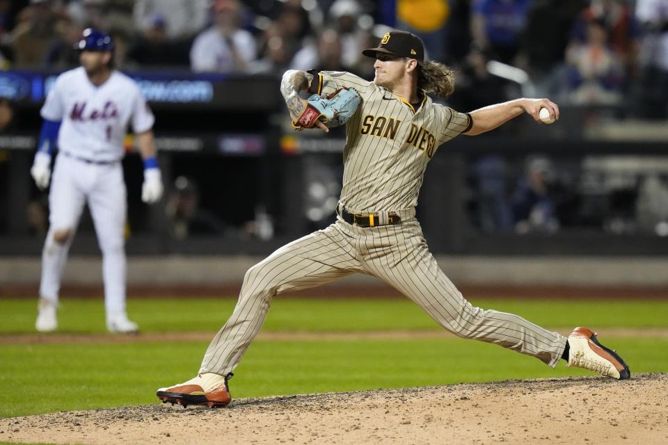 San Diego Padres' Josh Hader pitches during the ninth inning of the team's baseball game against the New York Mets on Tuesday, April 11, 2023, in New York. (AP Photo/Frank Franklin II)