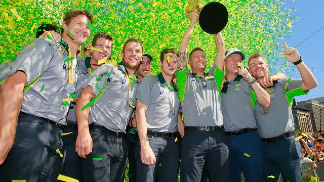 The Aussies with the trophy the day after. Image: Getty